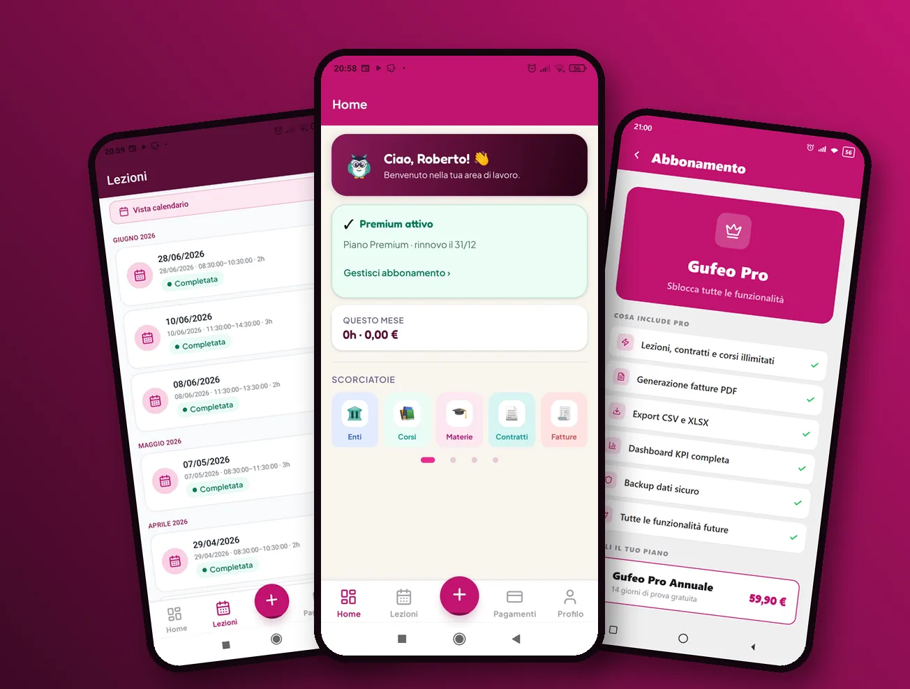 Tre schermate dell’app Gufeo